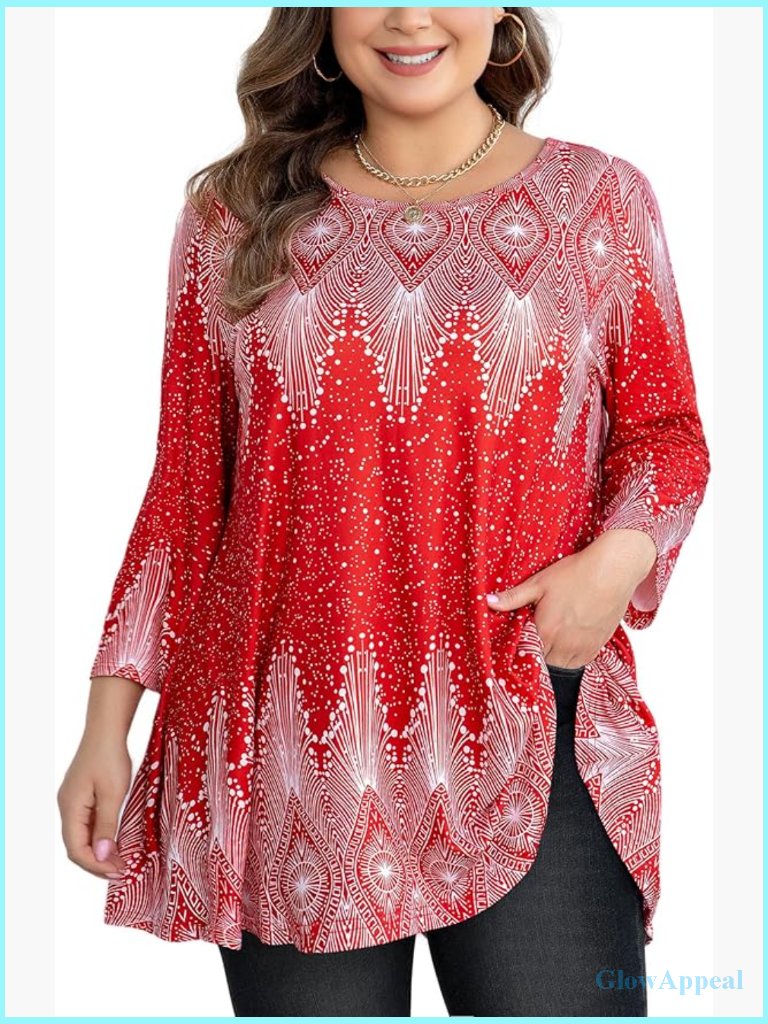 Plus Size 3/4 Sleeve Tunic Top Crew Neck Swing Flare Loose Fit Blouse